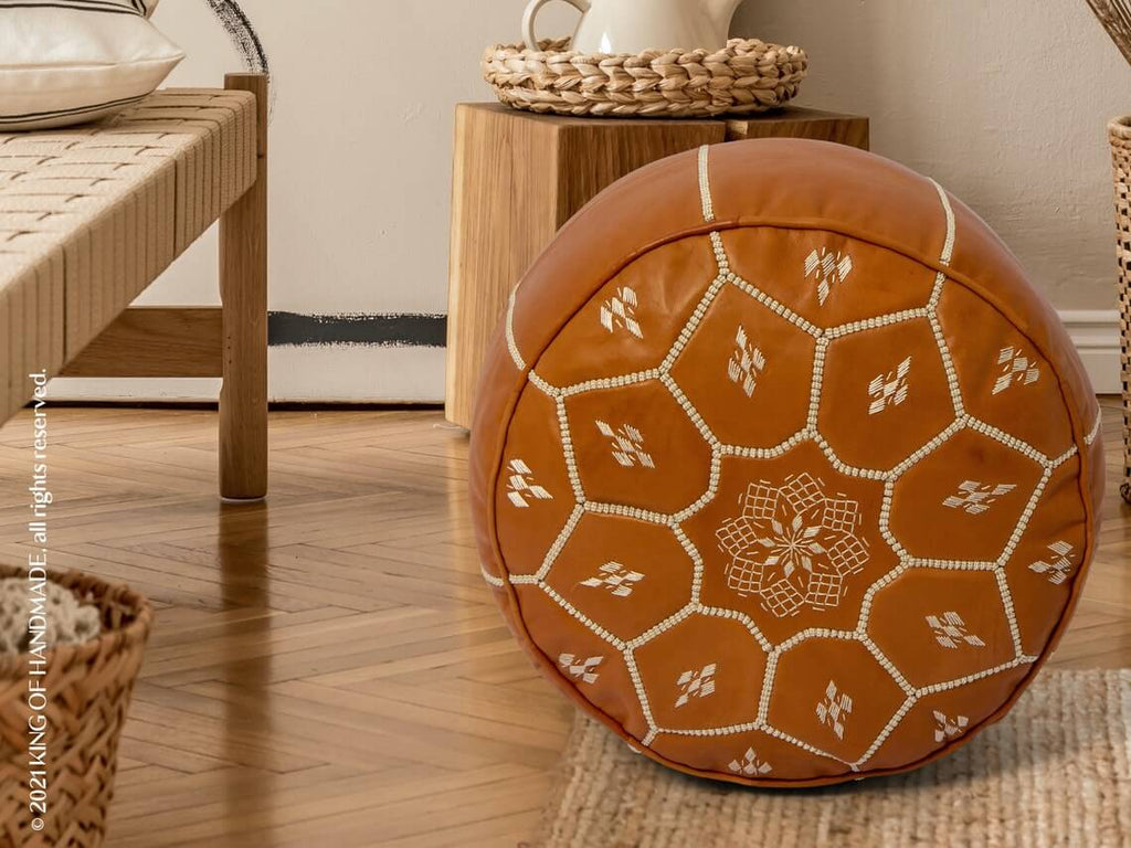 Moroccan Leather Pouf Home Boho Decor - Round Handmade Leather Tan Pouf Ottoman, Footstool, Floor Cushion - New Home Gift